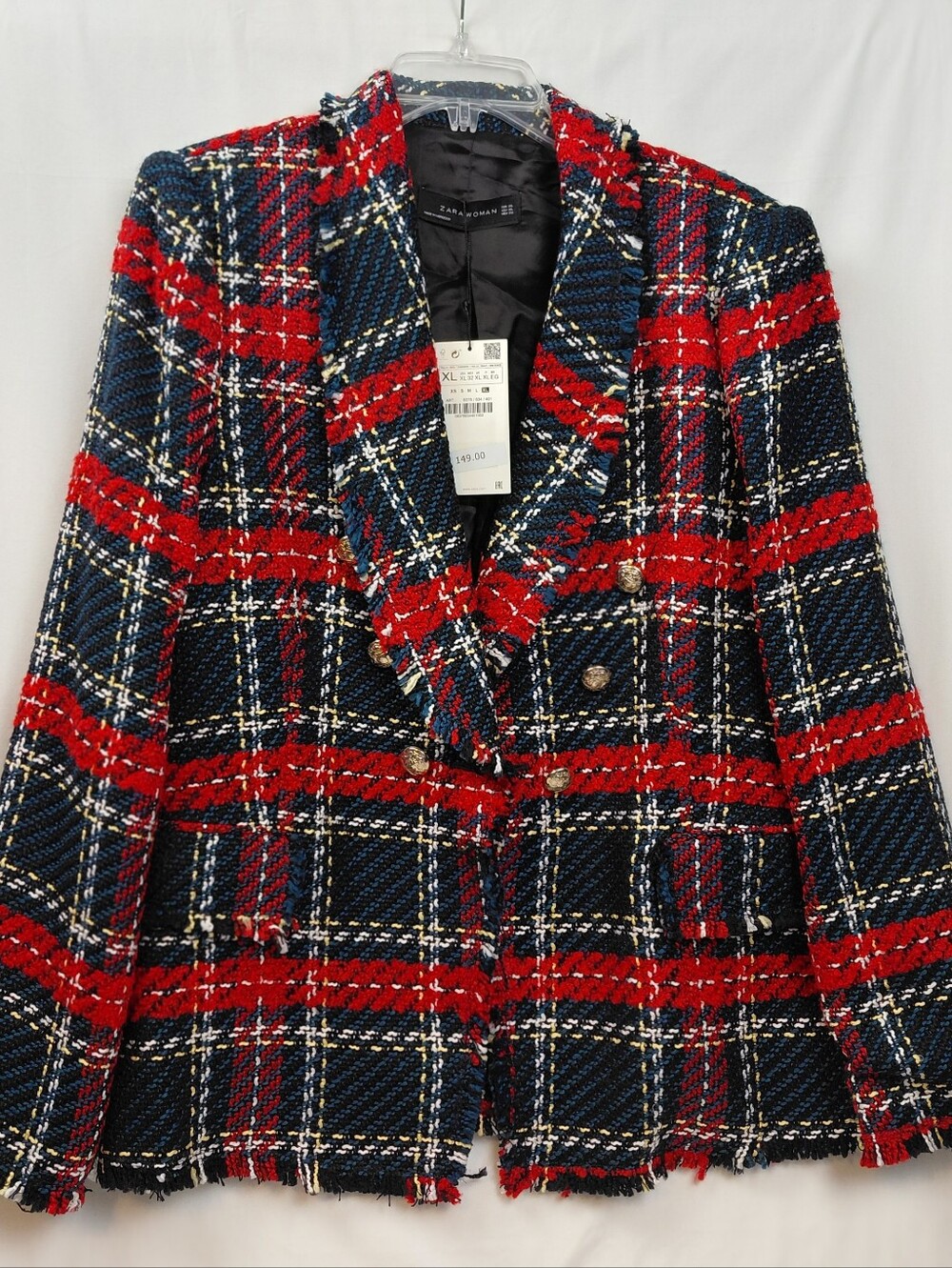 Zara Tweed Boucle Blazer Size XL Red Blue Yellow Gold Buttons